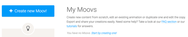 Klikk på Opprett ny Moov-knappen for å komme i gang med Moovly.
