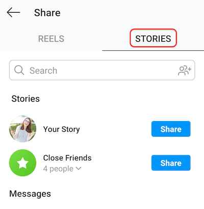 skjermbilde av instagramskjermbildet som viser historiefanen, slik at hjul kan deles til historien din eller nær venneliste