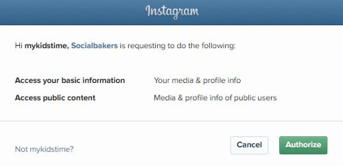 Tillat Socialbakers å få tilgang til Instagram-kontoinformasjonen din.