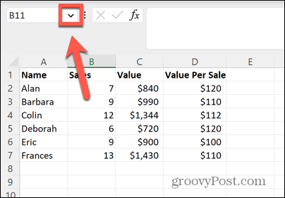 Excel navneboks pil