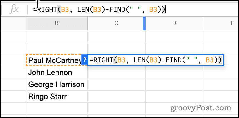 En formel som bruker RIGHT i Google Sheets