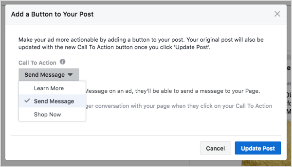 Valg av Facebook Messenger-knapp i annonseopprettelse.