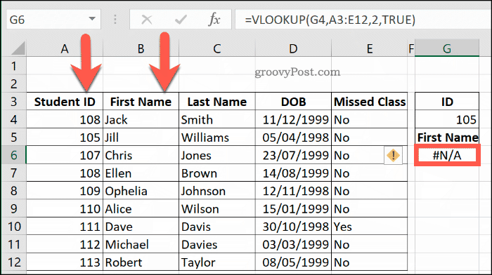 Et annet eksempel på en NA-feil med VLOOKUP i Excel, på grunn av at et datoperiode ikke er ordnet