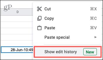 Høyreklikk og velg Vis redigeringslogg i Google Sheets