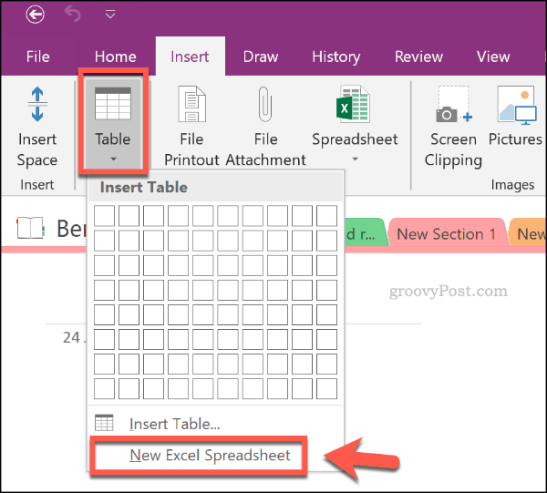 Sett inn nytt Excel-regneark i OneNote