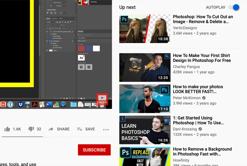 youtube video se skjerm som viser automatisk avspilling av videoer på høyre side av skjermen, anbefalt av youtube basert på hva som er sett på