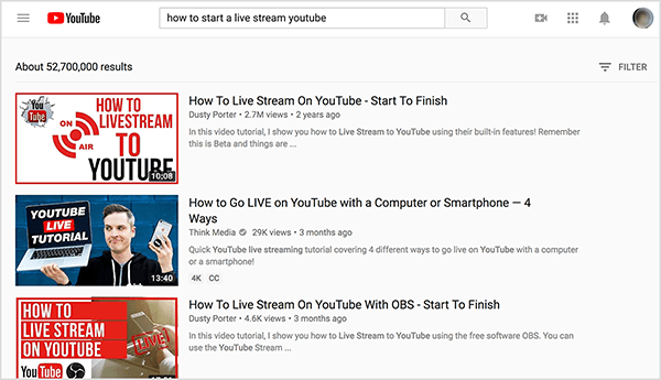 Søk på YouTube etter "hvordan du starter en livestream youtube", og de beste søkeresultatene viser to videoer av Dusty Porter.
