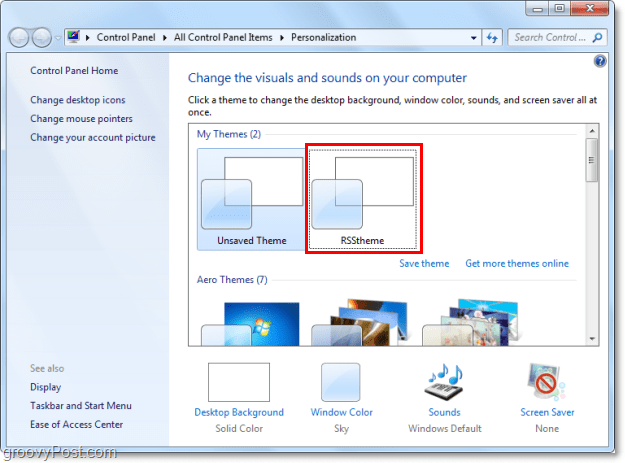 velg ditt nye rss-tema i windows 7