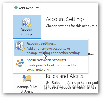 hvordan lage pst-fil for Outlook 2013 - klikk kontoinnstillinger