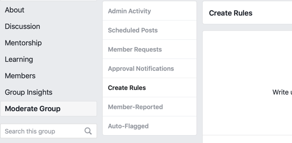 Hvordan forbedre ditt Facebook-gruppesamfunn, Facebook-menyalternativ for å lage regler for å moderere gruppen din