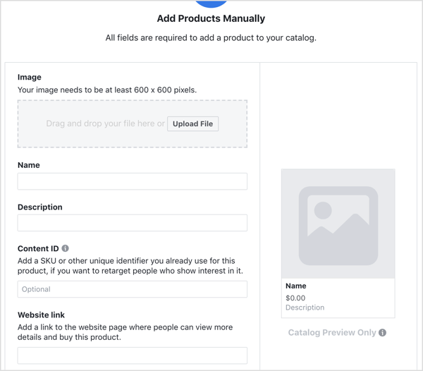 Skriv inn detaljer for å legge til et produkt i Facebook-katalogen.