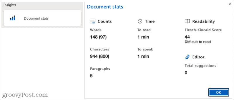 Microsoft Editor Dokumentstatistikk
