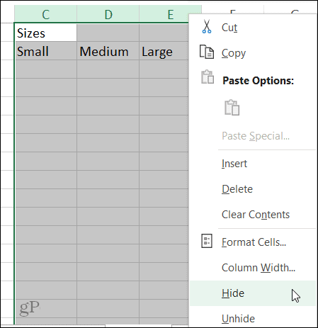 Skjul kolonne snarvei i Excel på Windows