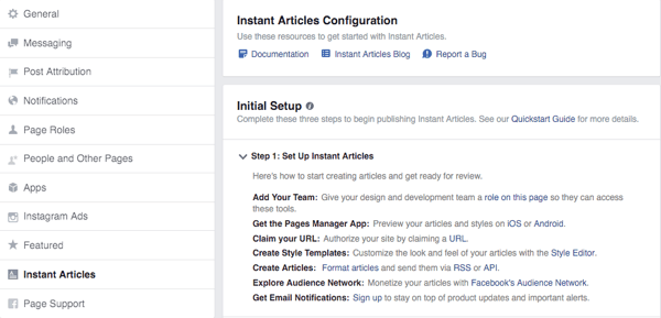 facebook øyeblikkelige artikler konfigurasjonsskjerm