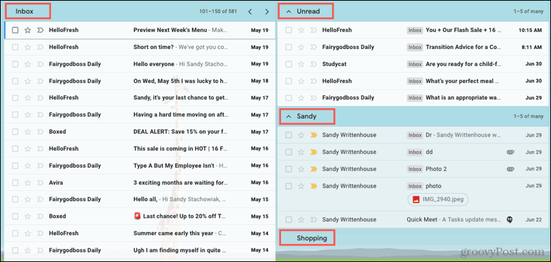 Flere innbokser utvidet i Gmail