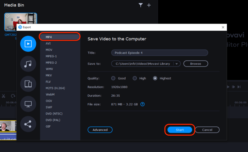 eksporter videofilen i Movavi Video Editor Plus
