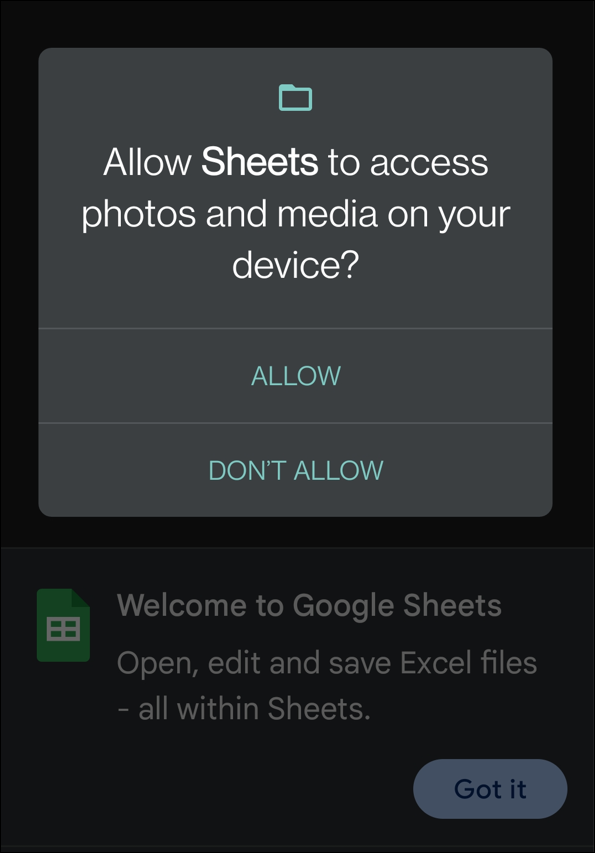 Gir Sheets tilgang til åpne XLSX-filer i Android