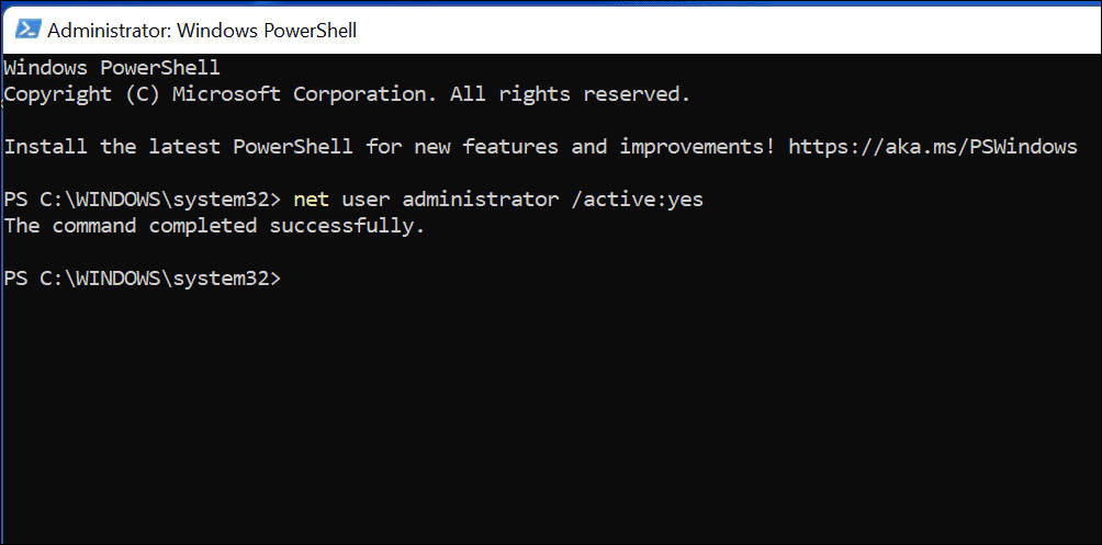 kommando for å aktivere administratorkonto på Windows 11