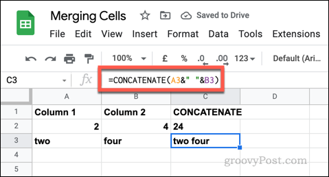 Et eksempel på en CONCATENATE-formel i Google Sheets som bruker tomme tekststrenger