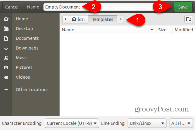 Lagre den tomme dokumentmalfilen i Maler-mappen i Ubuntu