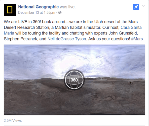 Facebook lanserte Live 360-video denne uken med en National Geographic-rapport fra Mars Desert Research Station-anlegget i Utah.