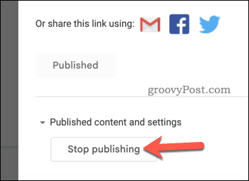 Slutt å publisere en Google Slides-presentasjon