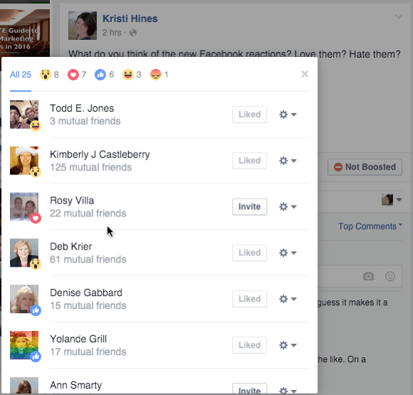 facebook reaksjoner detaljer fra et innlegg