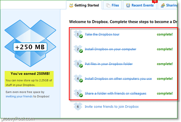 Dropbox-skjermbilde - 250 MB plass raskt belønnet