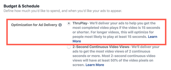 Facebook ThruPlay Optimization for videoannonser, trinn 2.