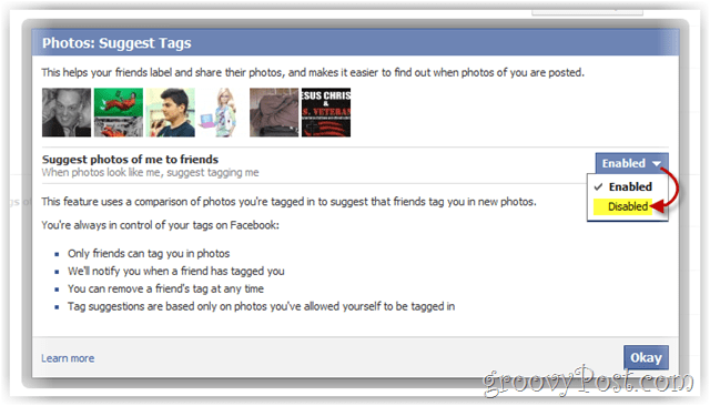deaktiver facebook som foreslår bilder av deg til venner