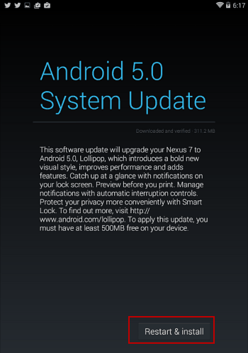 start Nexus 7 på nytt og installer Android 5