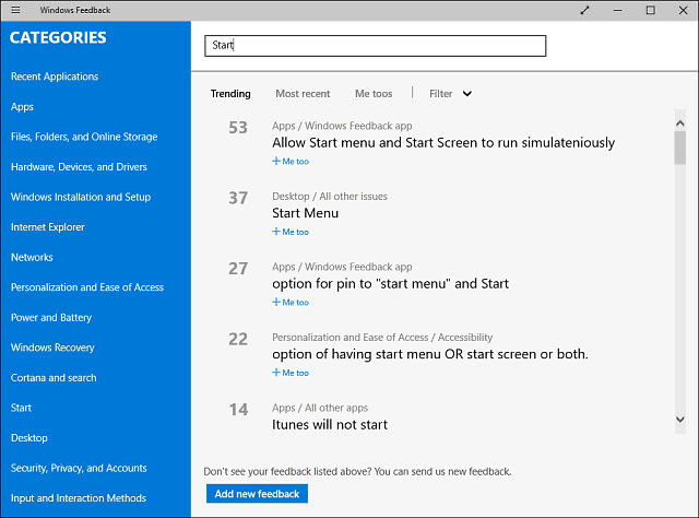 Windows 10 tilbakemeldingsapp