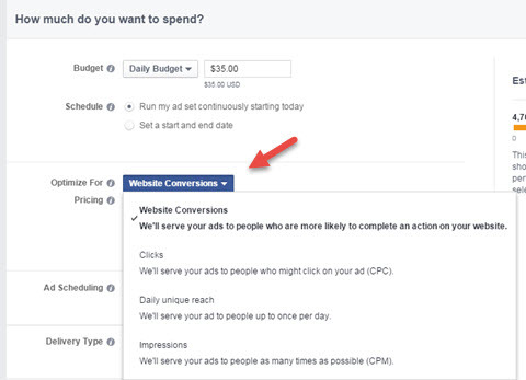 valg av optimalisering av facebook-annonsekonvertering