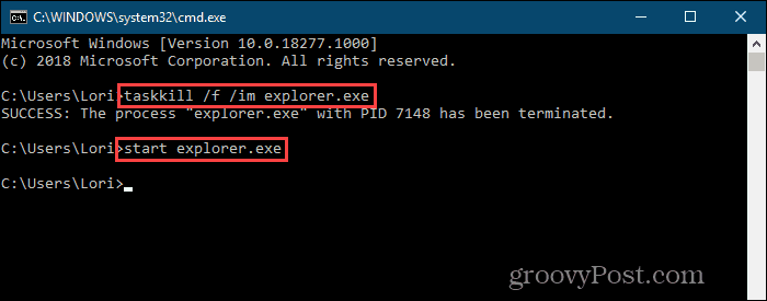 Drep explorer.exe-prosessen og start den på nytt på kommandolinjen i Windows 10