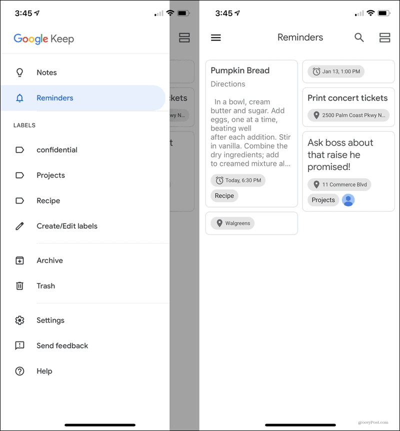 Alle påminnelser Google Keep Mobile