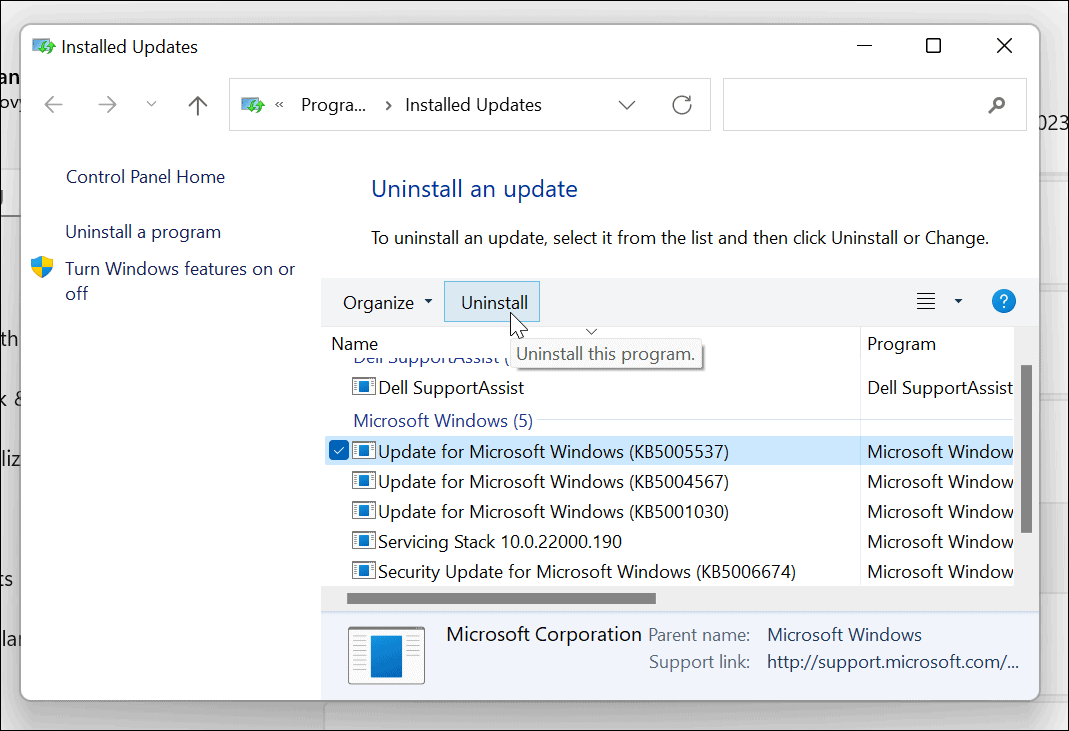 avinstaller kumulativ oppdatering Windows 11