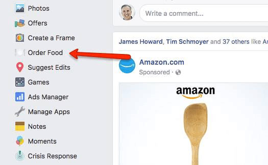 Facebook utvider alternativet Order Food i hovednavigasjonen til flere brukere.