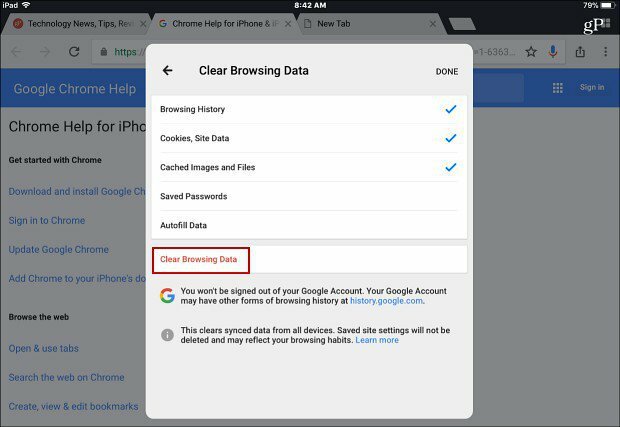 Tøm Browsing Data Chrome-app iOS