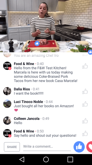 Food & Wine har kokk Marcela Valladolid i en markedsføring av Facebook Live-sending som kommer begge parter til gode.