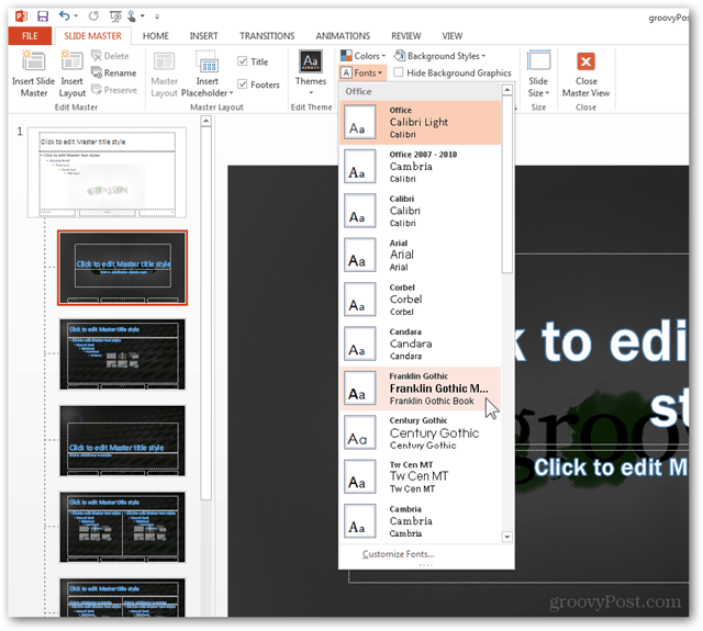 Office 2013-mal Lag Lag tilpasset design POTX Tilpass lysbildefremvisning Opplæring Hvordan skyve hovedfonter Endre konfigurering 