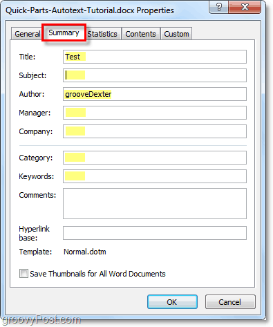 kategorien sammendrag lar deg redigere avanserte dokumentegenskaper i word 2010