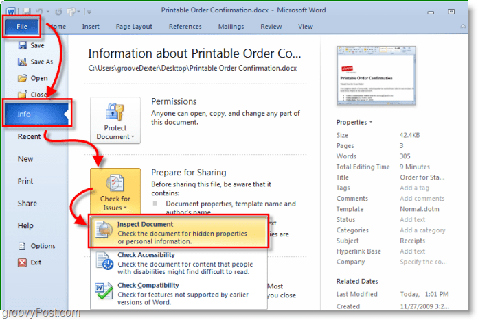 hvordan du får tilgang til dokumentinspektøren i Microsoft Office 2010