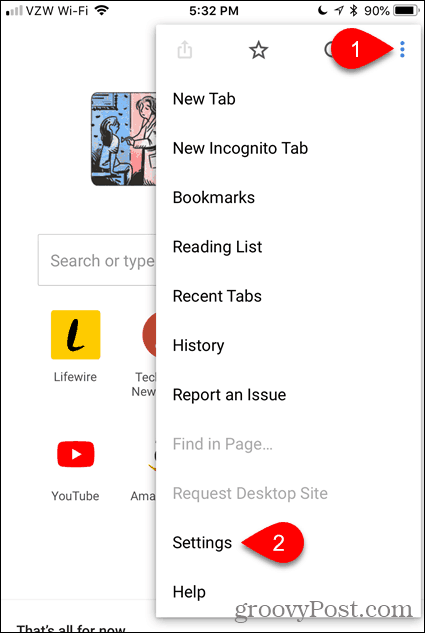 Trykk på Innstillinger i Chrome for iOS