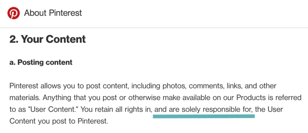 Pinterest-vilkår sier tydelig at du er ansvarlig for brukerinnholdet du legger ut.