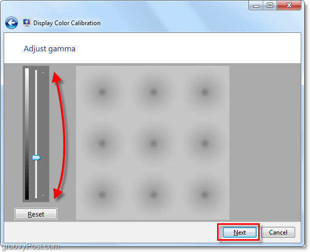 Bruk rullefeltene for å flytte gamma opp og ned for å matche bildet fra forrige windows 7-side