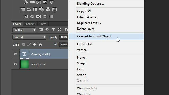 Cheat Photoshop Text Layer Transformations Trick lag panel lag konvertere til smart objekt smart lag Photoshop cheat