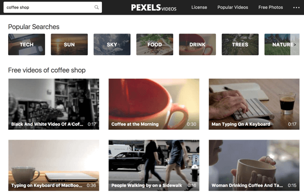 Pexels Videos gjør det enkelt å søke etter søkeord etter videomateriale.