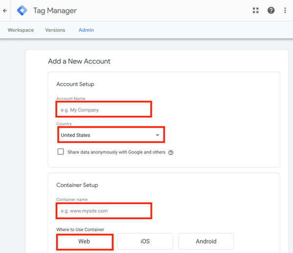 Bruk Google Tag Manager med Facebook, trinn 1, innstilling for å legge til en ny Google Tag Manager-konto