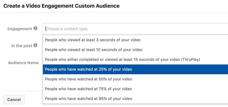 dialogboksen for å lage et tilpasset publikum for Facebook-videoengasjement