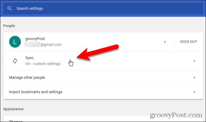 Klikk på Synkroniser i Innstillinger i Chrome for Windows